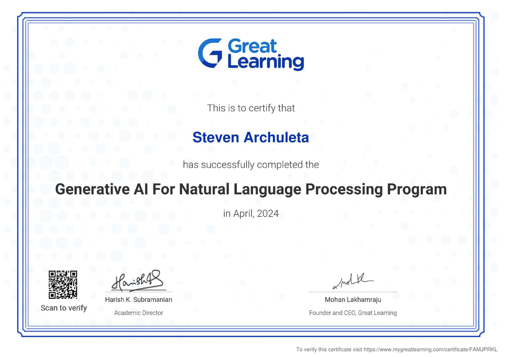 Generative AI for NLP certificate