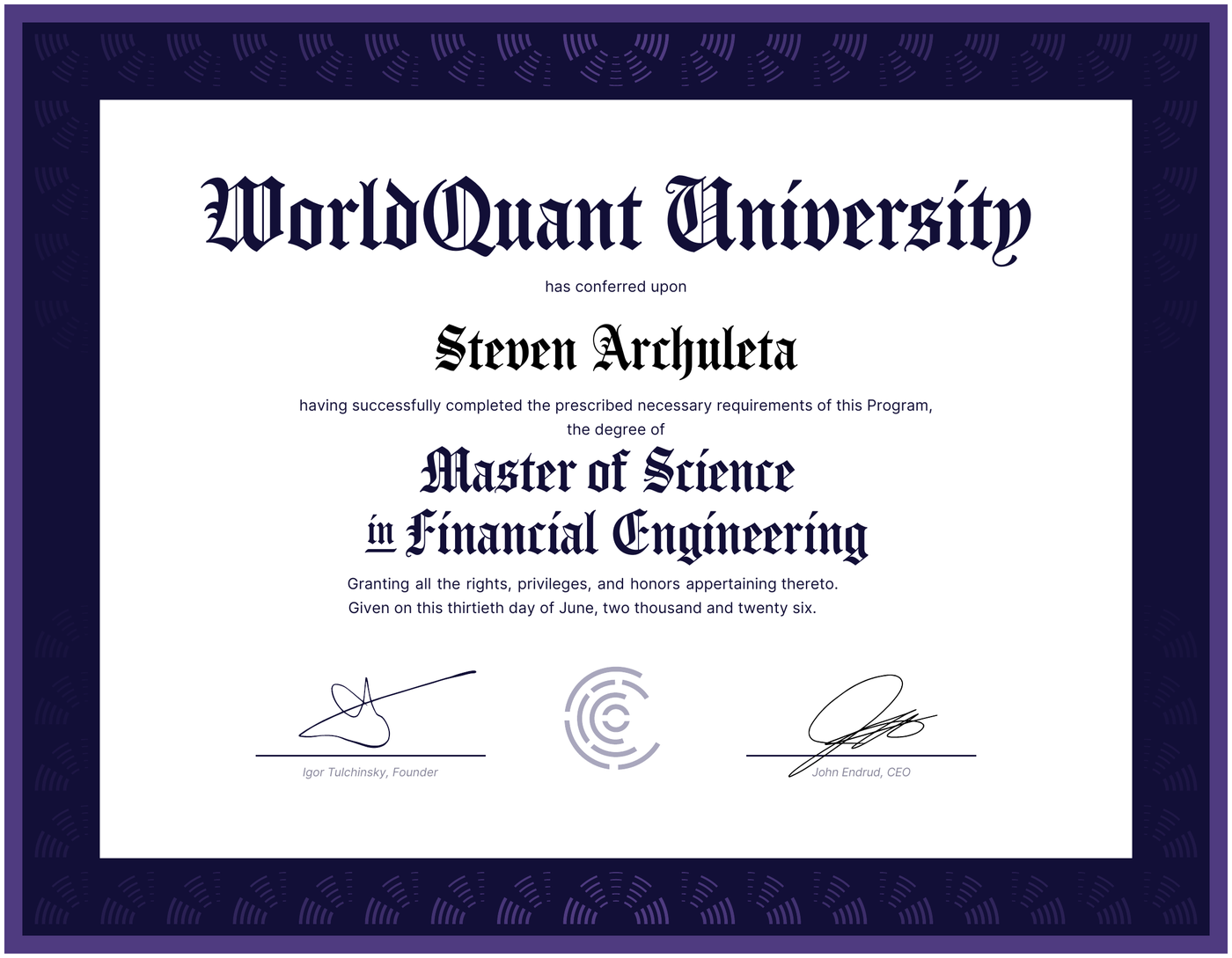 WorldQuant University diploma